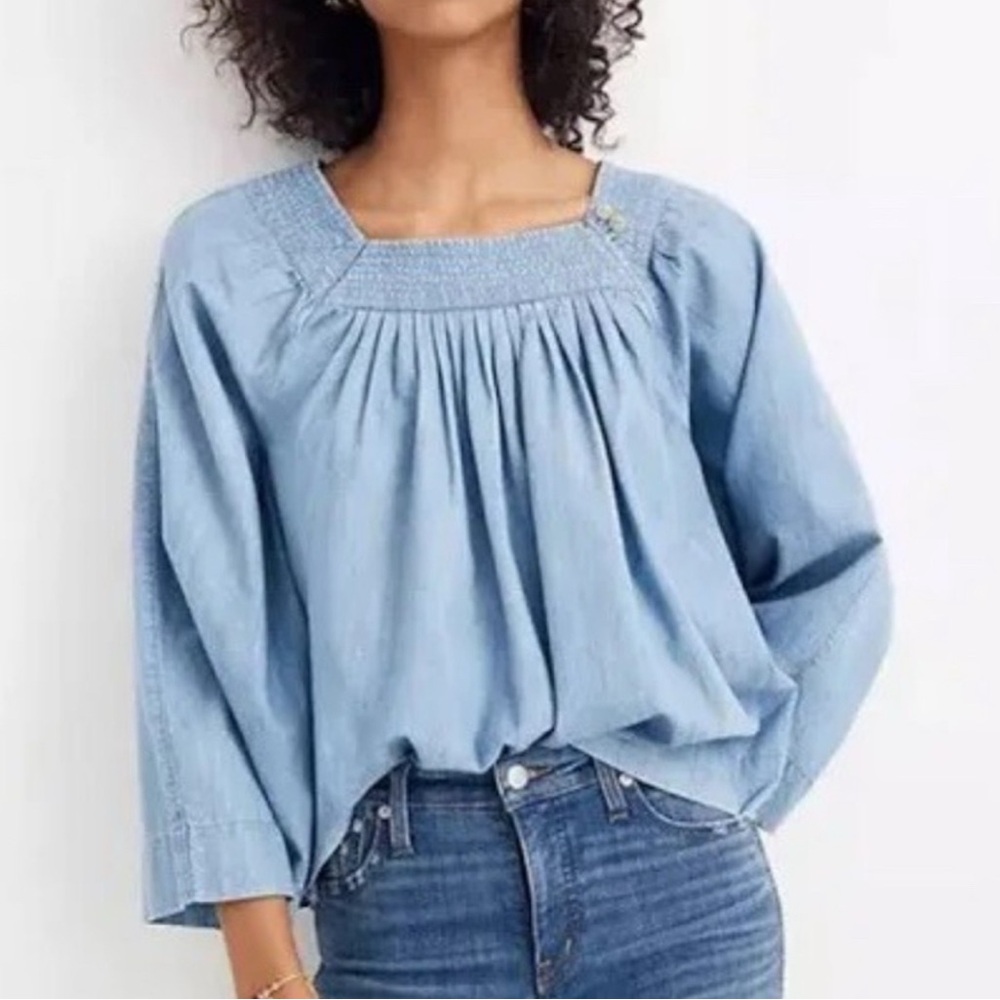 Madewell Square Neck Chambray Denim Wide Sleeve Blouse Top large